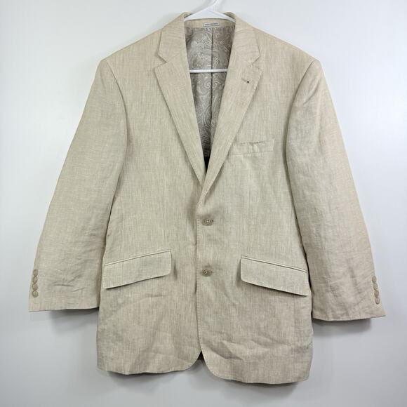 Joseph Abboud 100% Linen Blazer Sports Coat Mens 38R Tan Cream 2 Button Preppy - Picture 1 of 13